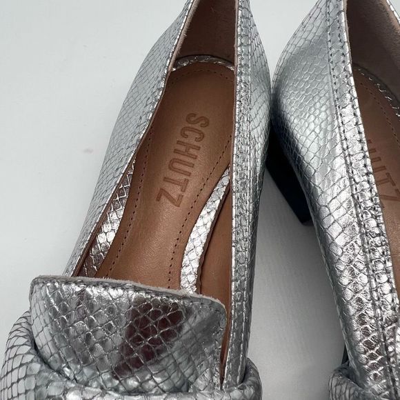 Schutz Romina Snake Reptile Embossed Leather Loafers Silver - Picture 9 of 9